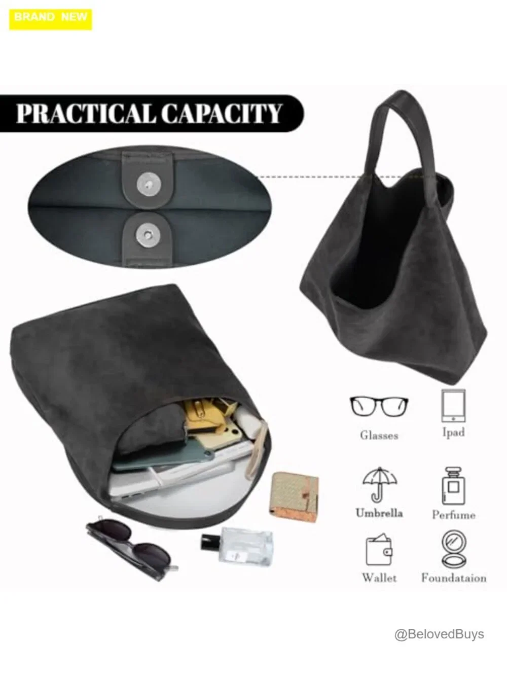 Faux Suede Hobo Bag with Magnetic Clasp Large Capacity Shoulder Tote